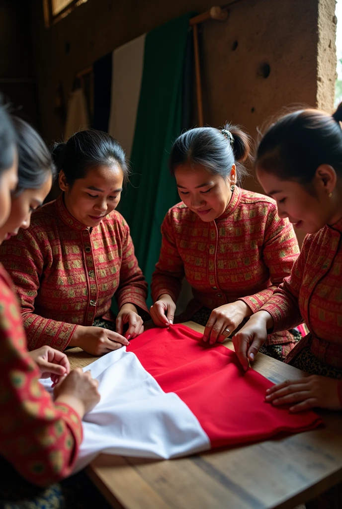 Indonesian women sewing the red and white flag