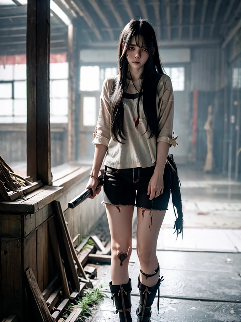 1girl, long hair, torn clothes, holding weapon, ruins, rain, blood, sad, crying, casual, hot pants (sbr),