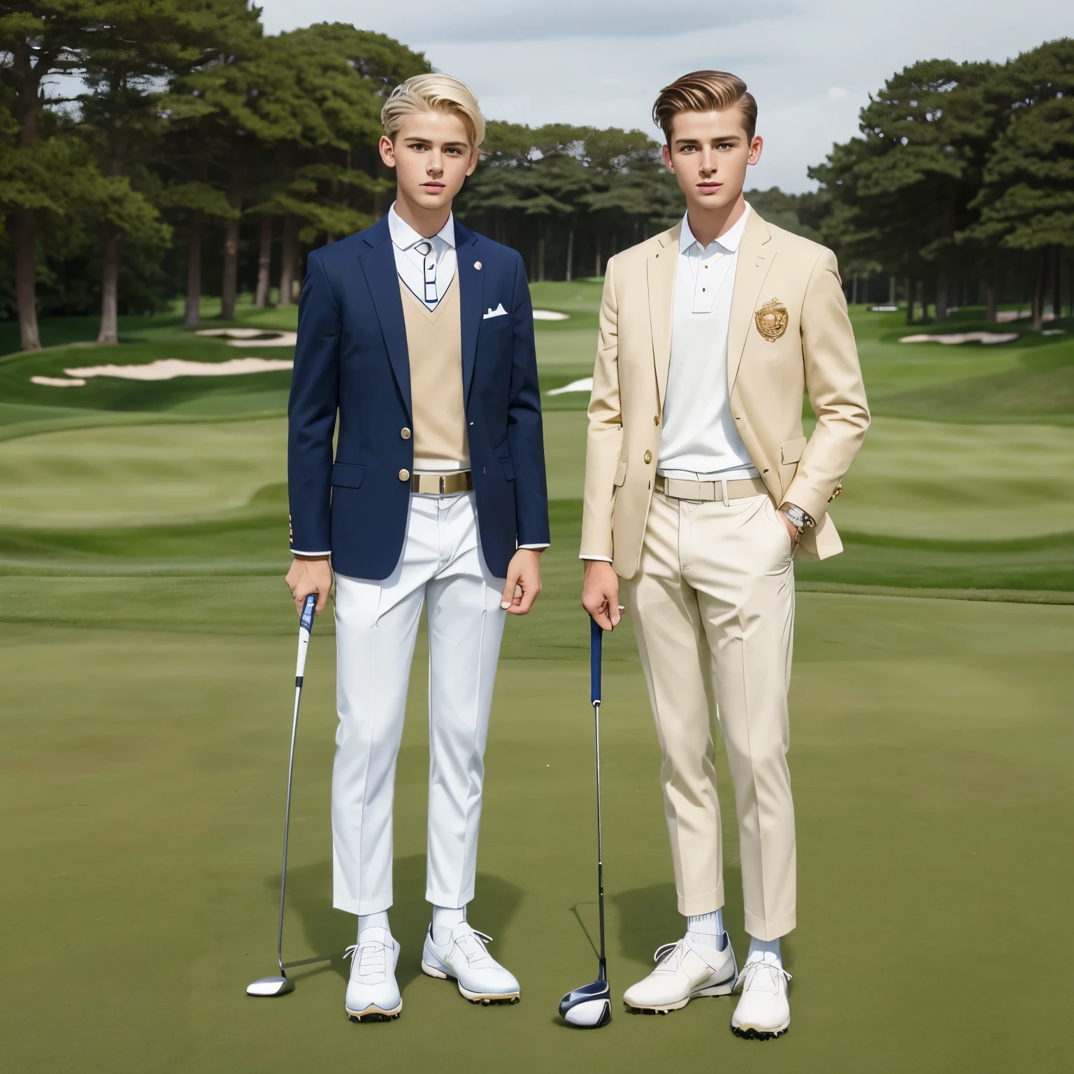 2 young different aristocratic young slim kids with clean preppy undercut haircuts, one blonde, the other one is lohight-brown haired, wearing long white socks, golf shoes, short golf pants, navy-blazers with embroyederies, gold signet ancient ring, playing golf in a magnificent scottish golf yard