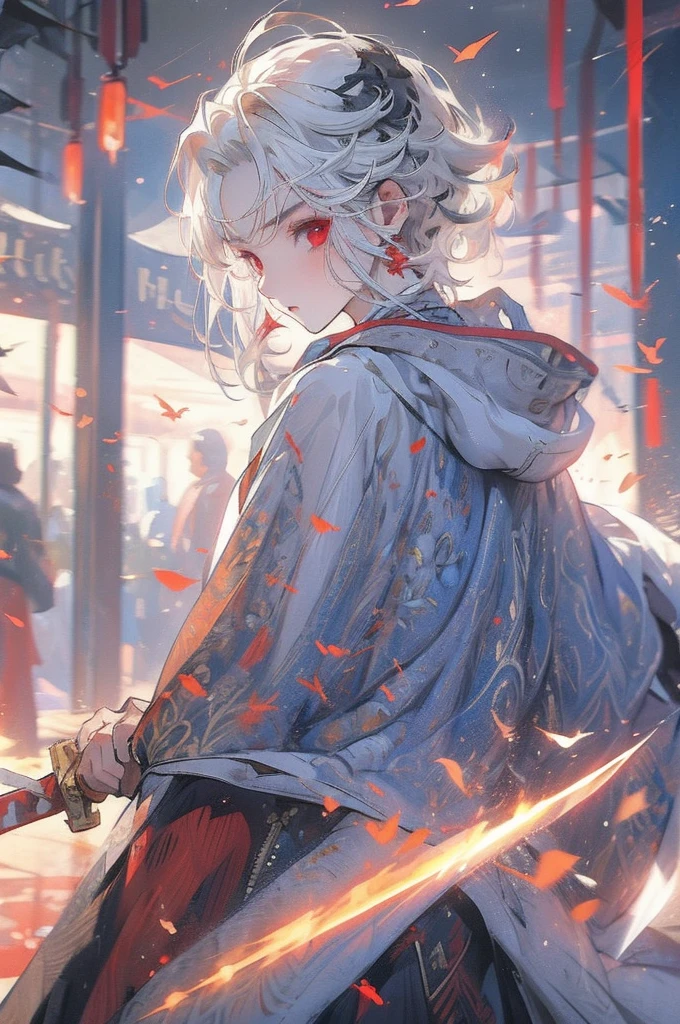 1 guy, short hairstyle, white hair, young, in a cape, with a hood, red eyes, a sword on his belt, a bag on