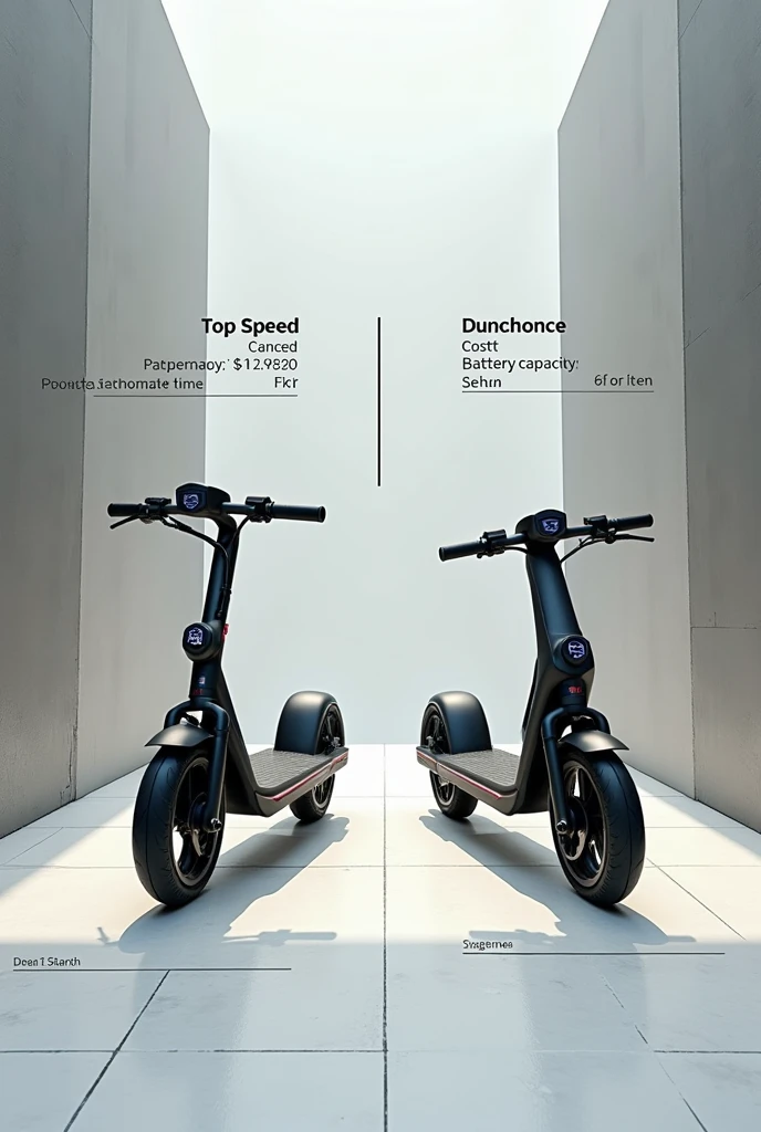 Create an instagram post of a comparison between two electric scooter with is common specifications that should be mentioned top speed, cost, battery, charging time visually appealing