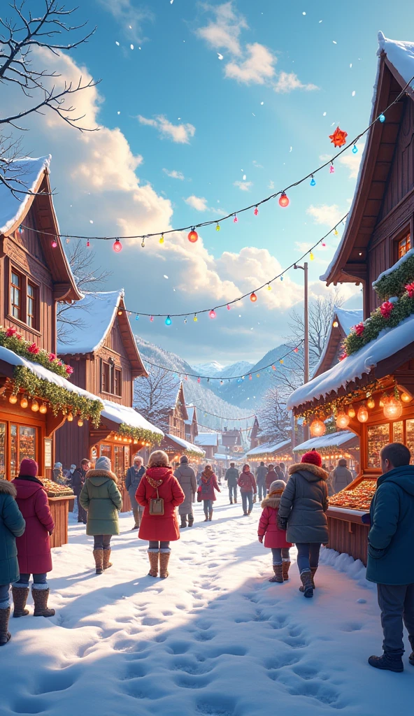 Envision a snowy village during a winter festival. The dramatic clouds add depth to the sky, while vibrant sunlight reflects off the snow, creating a warm and inviting glow. The scene is filled with festive decorations and joyful characters, capturing the spirit of celebration.