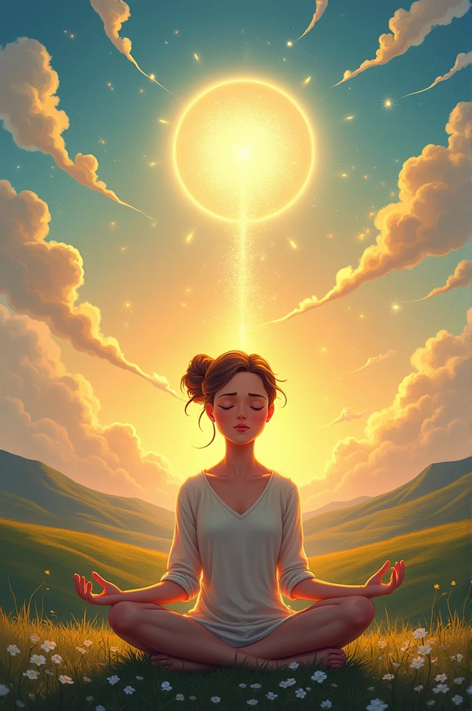 Une personne  médite pour avoir une idée claire , qui sort de la tête sur  ne plus avoir peur et regarde l'avenir avec joie des personnes qui se serrent la main 
