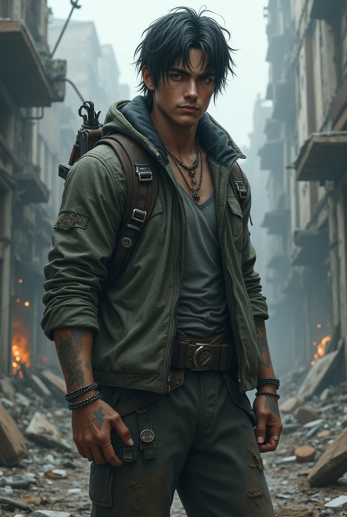 Generate a character named Orion in a post-apocalyptic setting, he has medium black hair, deep, well-defined dark blue eyes ,pale skin, athletic body. Orion has a closed personality, its power and electricity. he is young, about 20 years old, and square and wears worn and dirty but common clothes