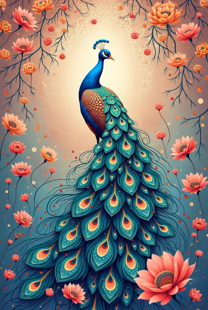 Colourfull mandala art style dotted peacock painting with pastel colour combination 