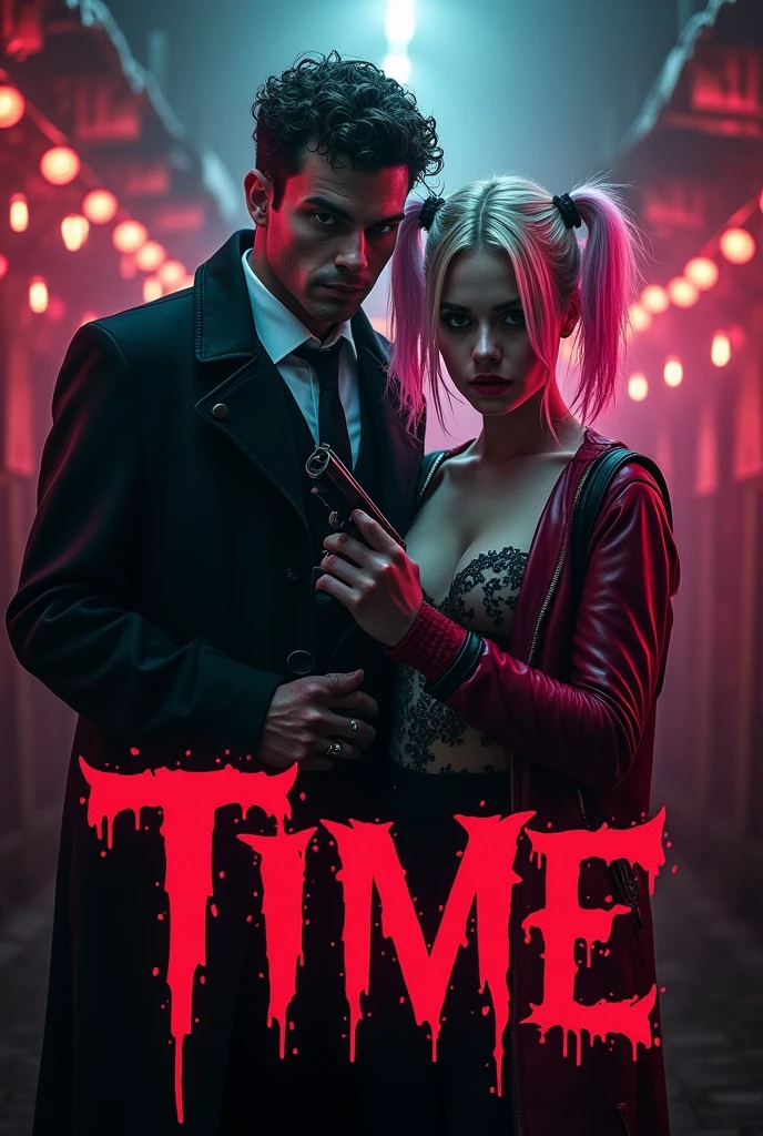 A cover for wattpad,Let it be inspired by a half-shady circus with a guy who looks like Cameron Monaghan and a pretty girl.,that they look like psychopaths and that there is blood,that have weapons,the girl with a bright pink gun,The story is called time, could you put the title with cool red and black letters?,and the cover doesn&#39;t say wattpad,that the boy looked like Jerome Valeska and the girl like Harley Queen but pink,who are between ** and ************,that the boy&#39;s gun is black and the boy is red like jerome valeska, that is as similar to him as possible,that the girl wears pink and with a slightly shorter roma