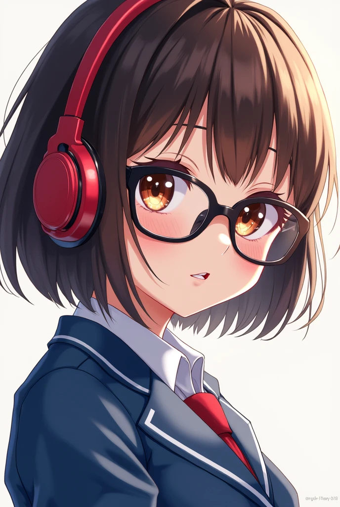Anime girl with short dark brown hair, with brown eyes and black glasses, with a blue school uniform and red headphones