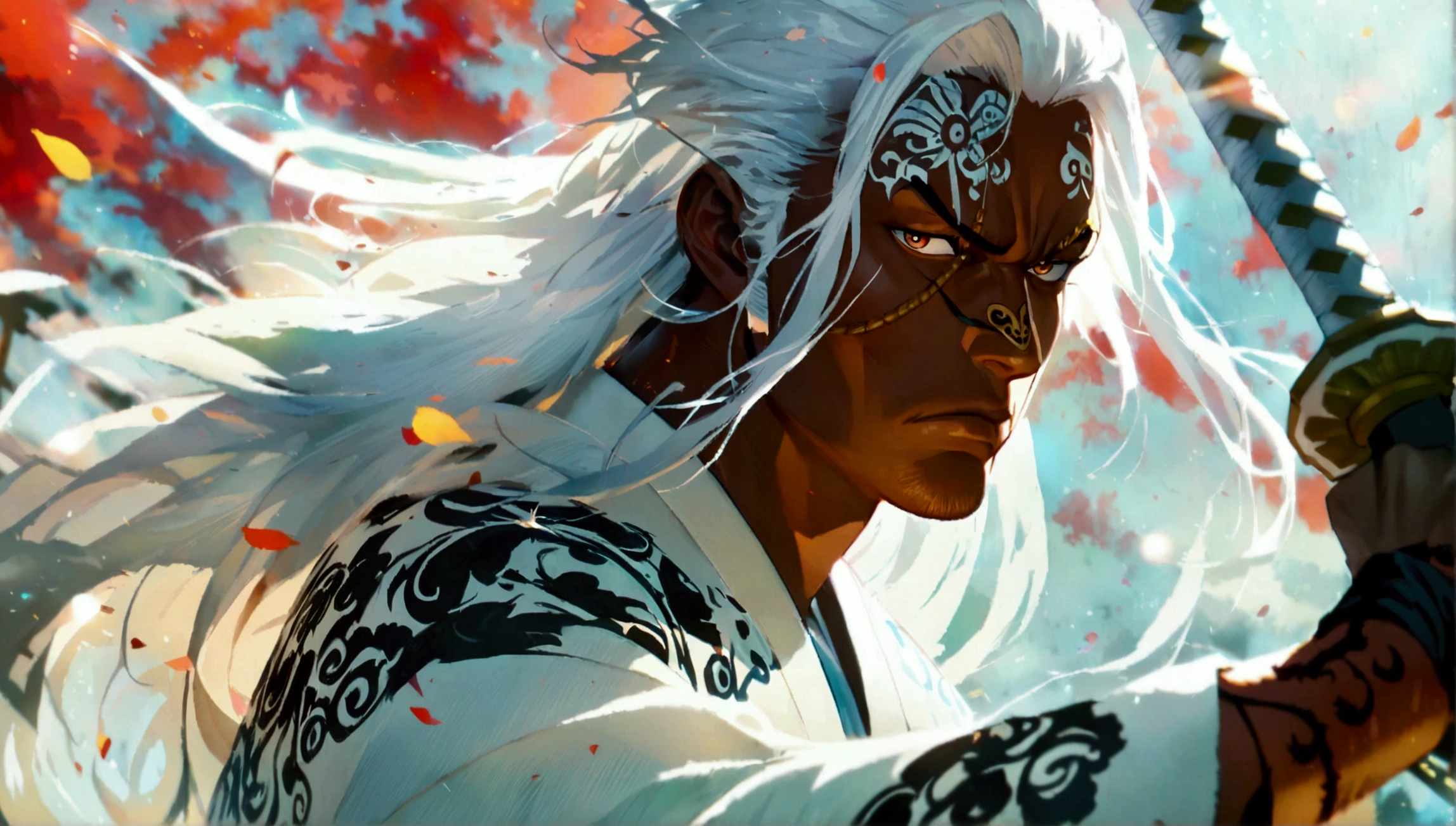 Man, dark skin, long whitish hair, white kimono with black details, katana at waist, serious expression, "Anime design inspired by the world of One Piece, stunning lighting, stunning focus, stunning face, creative details, ultra-fine 2D design, creative scenery, boasting anime resolution clarity, amazing anime resolution, high-octane rendering"