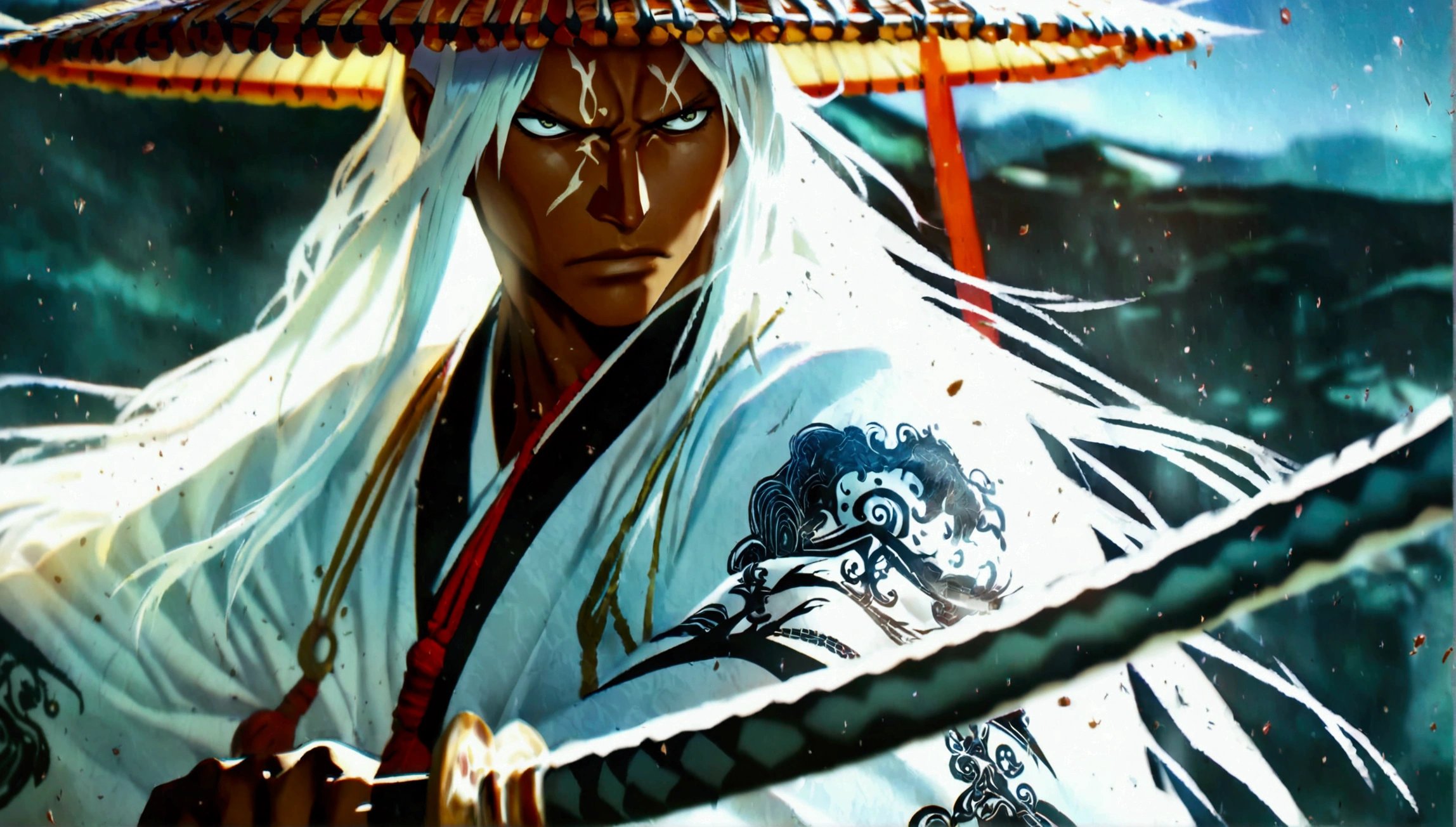 Man, dark skin, long whitish hair, white kimono with black details, katana at waist, serious expression, "Anime design inspired by the world of One Piece, stunning lighting, stunning focus, stunning face, creative details, ultra-fine 2D design, creative scenery, boasting anime resolution clarity, amazing anime resolution, high-octane rendering"