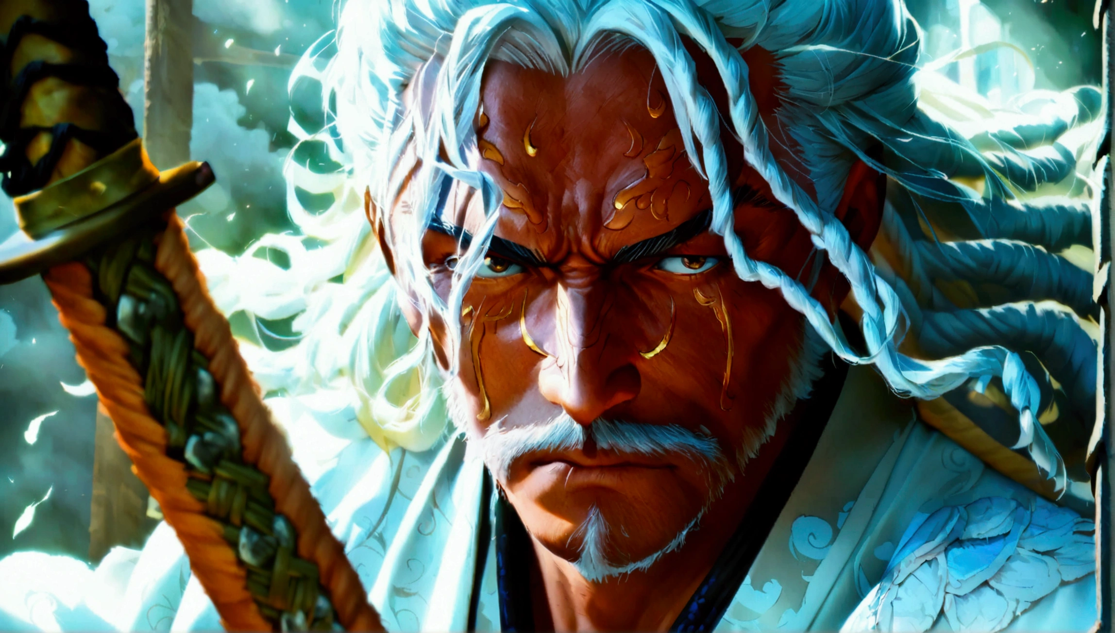 Man, dark skin, long whitish hair, white kimono with black details, katana at waist, serious expression, "Anime design inspired by the world of One Piece, stunning lighting, stunning focus, stunning face, creative details, ultra-fine 2D design, creative scenery, boasting anime resolution clarity, amazing anime resolution, high-octane rendering"
