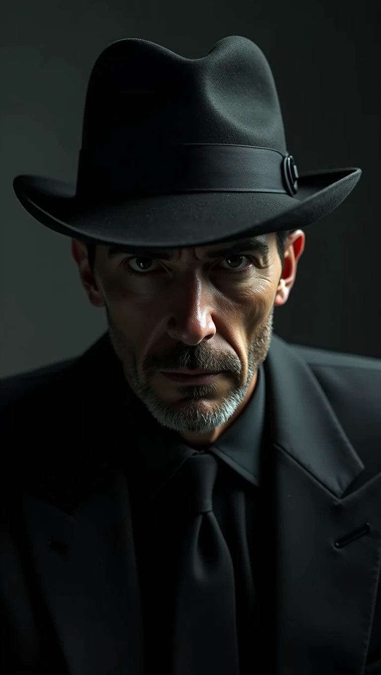 A realistic 8k image of Santos Dumont, wearing a hat that covers his eyes and making direct eye contact with the viewer, in a dark and mysterious style.