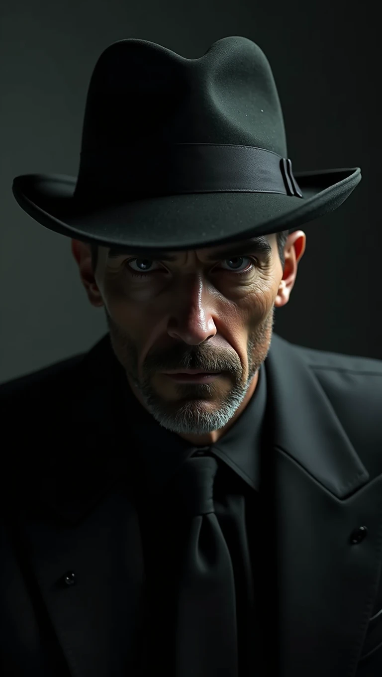 A realistic 8k image of Santos Dumont, wearing a hat that covers his eyes and making direct eye contact with the viewer, in a dark and mysterious style.