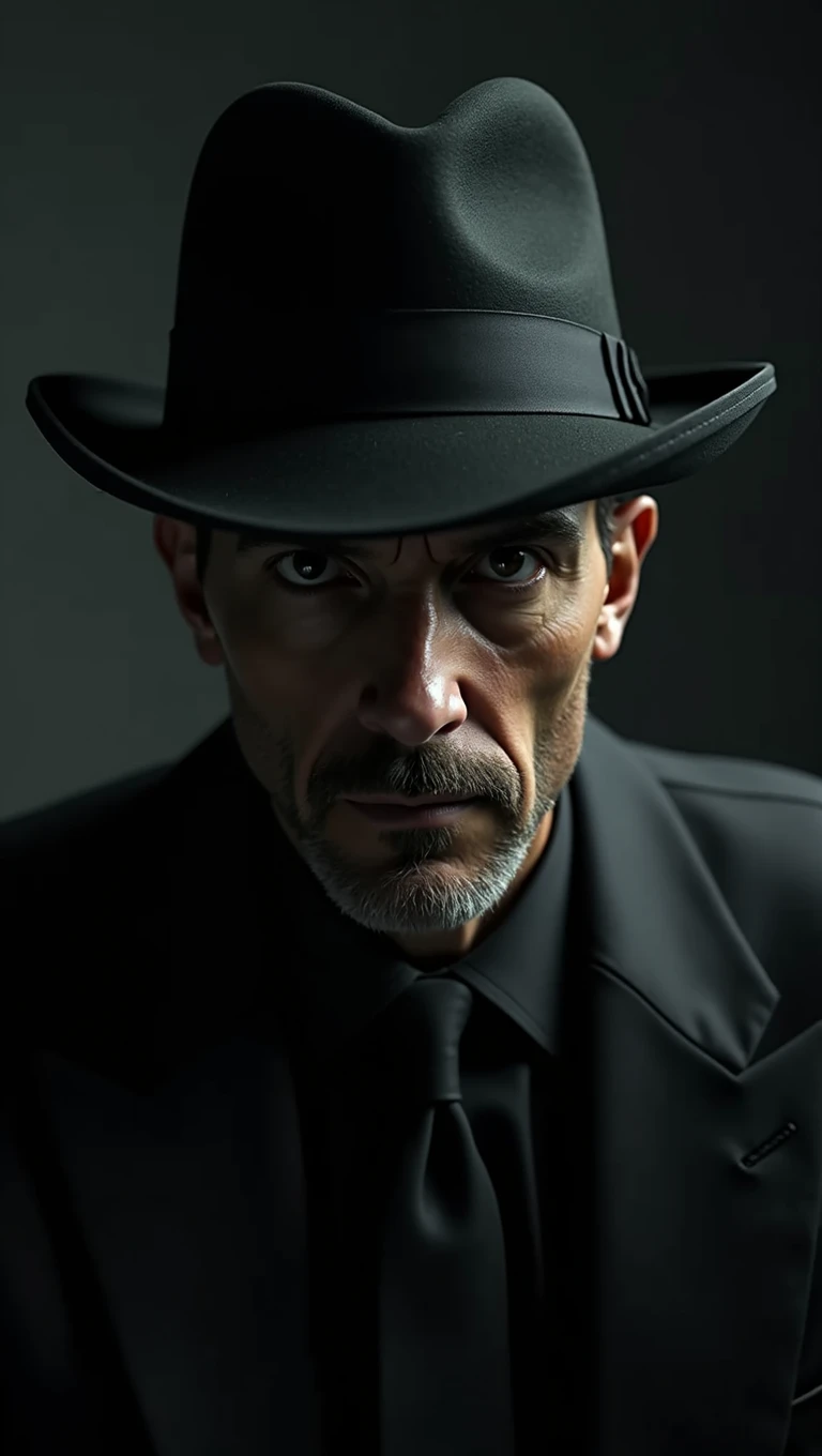 A realistic 8k image of Santos Dumont, wearing a hat that covers his eyes and making direct eye contact with the viewer, in a dark and mysterious style.