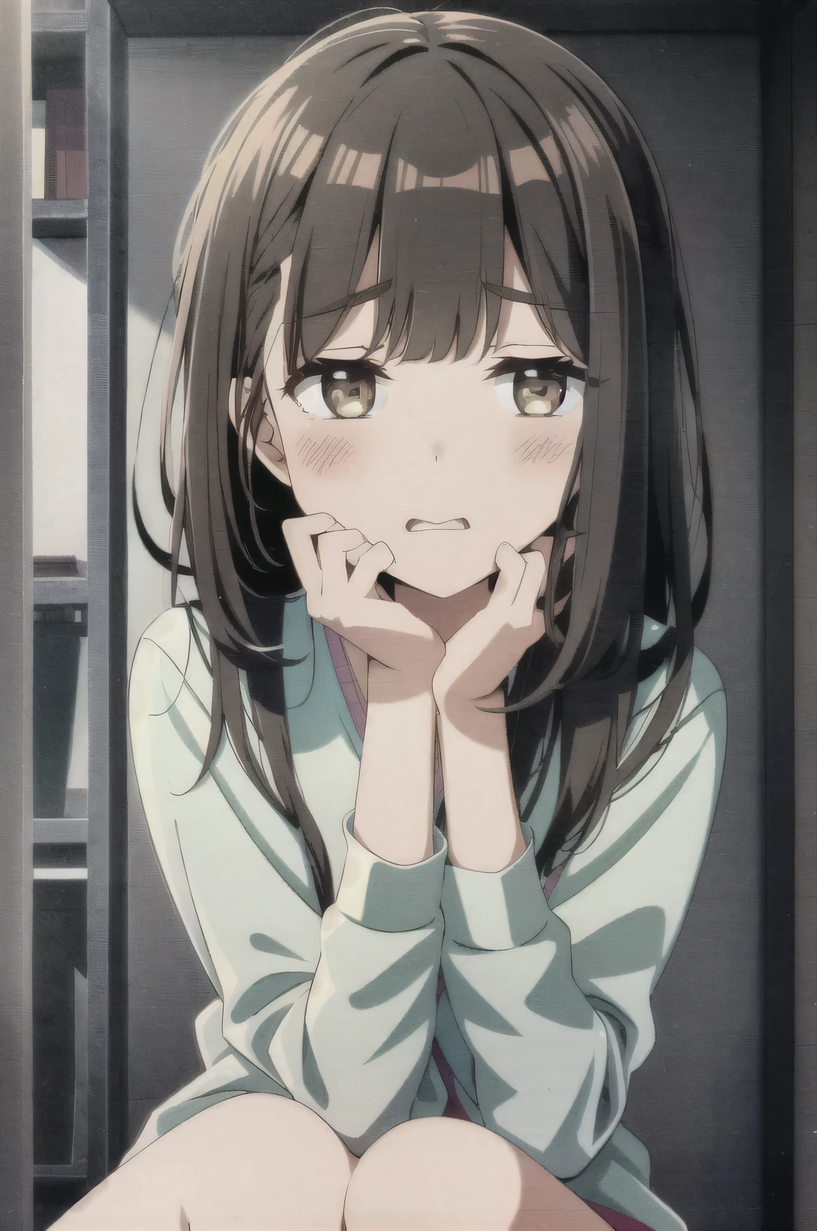 One girl, alone, Close, classroom, Sitting, Desk headrest, Sweat drops, Look at me sideways, avert your eyes, Brown Hair, masterpiece, Highest quality,