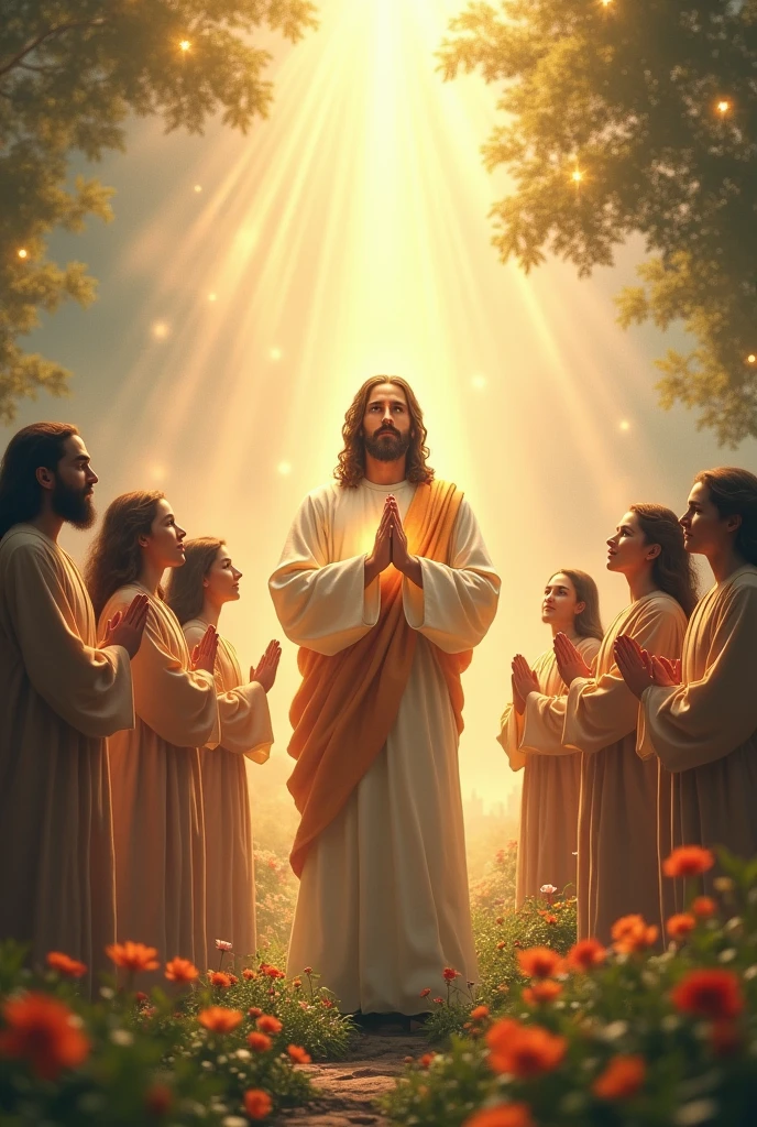 Create an image of a serene and radiant Christ standing in a beautiful, ethereal garden filled with soft light and vibrant flowers. Surround Him with a small group of Christians, each with a peaceful and pure expression, symbolizing their clean hearts. The garden should feel otherworldly, with a gentle glow that represents divine presence. The Christians are looking up towards Christ, who is extending His hands in blessing, with a soft, golden light illuminating their faces. The background could include subtle, heavenly elements, such as a distant, shimmering city or angels in the sky, emphasizing the promise that the pure in heart will see God. The overall mood should be one of purity, peace, and divine connection."