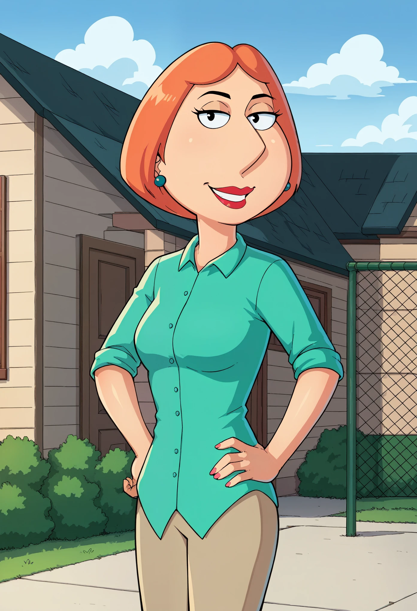 lois,1girl, blue earrings, jewelry, short hair, solo, lipstick, makeup, orange hair, aqua shirt, beige pants,looking at viewer, smile, outdoors,hand on own hip, score_9, score_8_up, score_7_up, score_6_up, score_5_up, score_4_up, nude