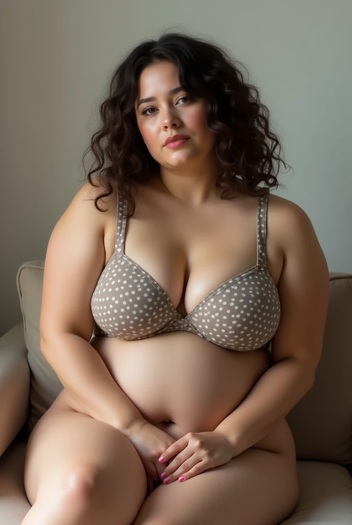 A brunette girl with curly hair and big breasts sits with her legs stretched out, taking a realistic photo
