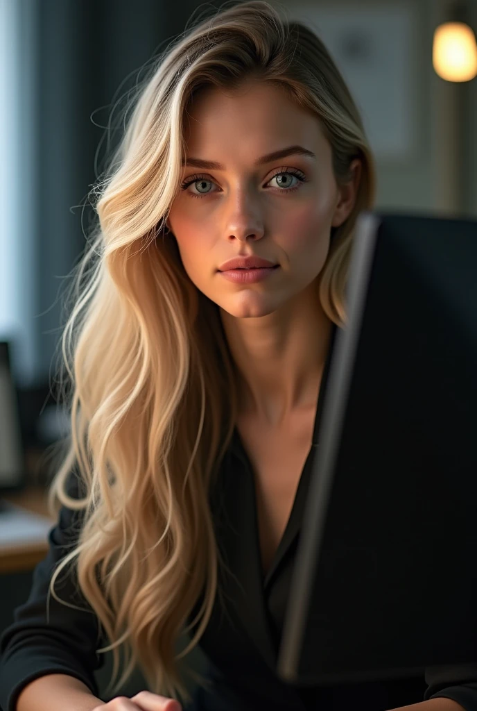 beautiful girl with long blond hair, detailed eyes, nose, and lips, noseить профессиональную одежду, sitting in his office, using her computer, компьютер HP (Best quality,4K,8 K,a high resolution,masterpiece:1.2),ultra detailed,(realistic,photorealistic,photo-realistic:1.37),HDR,studio lighting,very detailed face and body, portrait,cinematic lighting,dramatic lighting,warm color tones,dramatic colors looks straight into camera hair doesn't get in the way of face