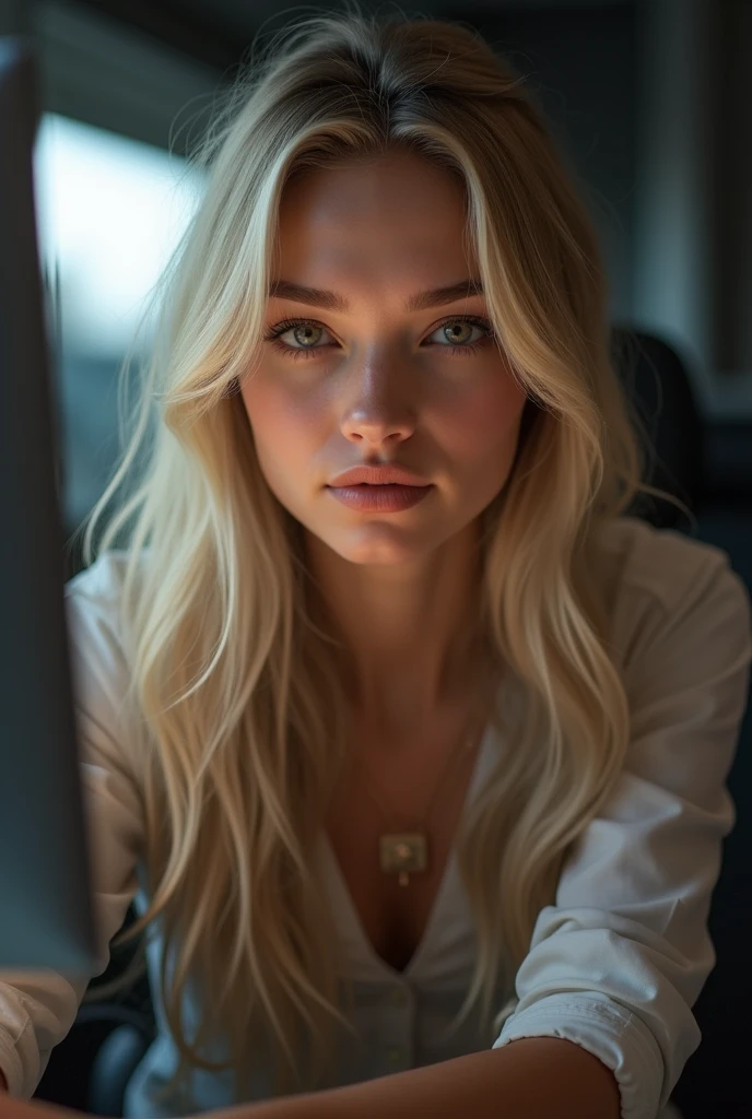 beautiful girl with long blond hair, detailed eyes, nose, and lips, noseить профессиональную одежду, sitting in his office, using her computer, компьютер HP (Best quality,4K,8 K,a high resolution,masterpiece:1.2),ultra detailed,(realistic,photorealistic,photo-realistic:1.37),HDR,studio lighting,very detailed face and body, portrait,cinematic lighting,dramatic lighting,warm color tones,dramatic colors looks straight into camera hair doesn&#39;t get in the way of face