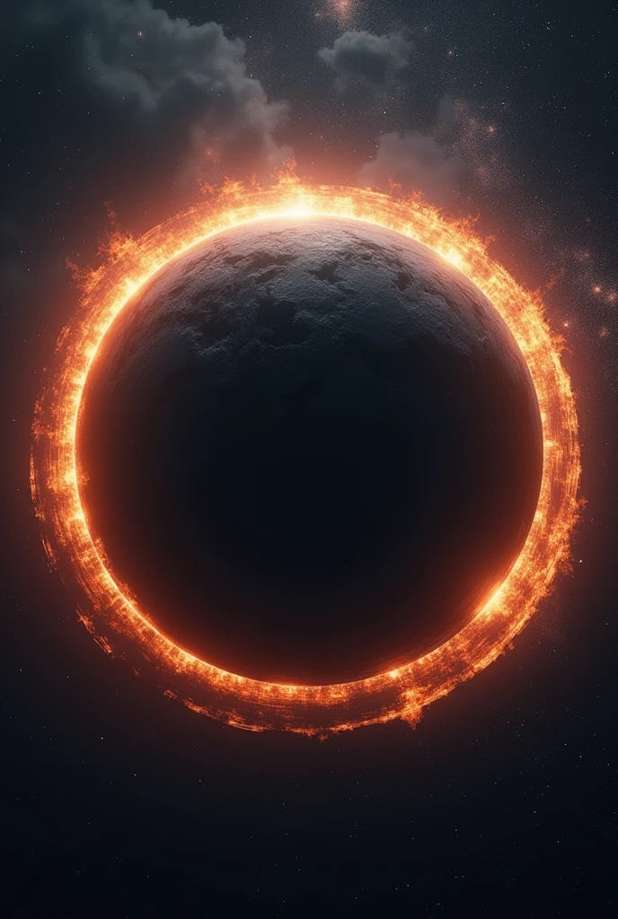 A dark space,some stars are placed somewhere, in the middle a big black planet had a fire ring horizontally and rings are rotating slowly 