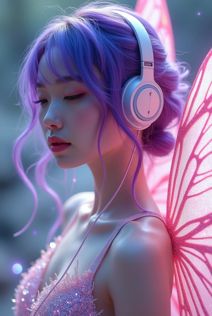 Korean purple haired butterfly woman in headphones with sparkly outfit and pink sparkly wings