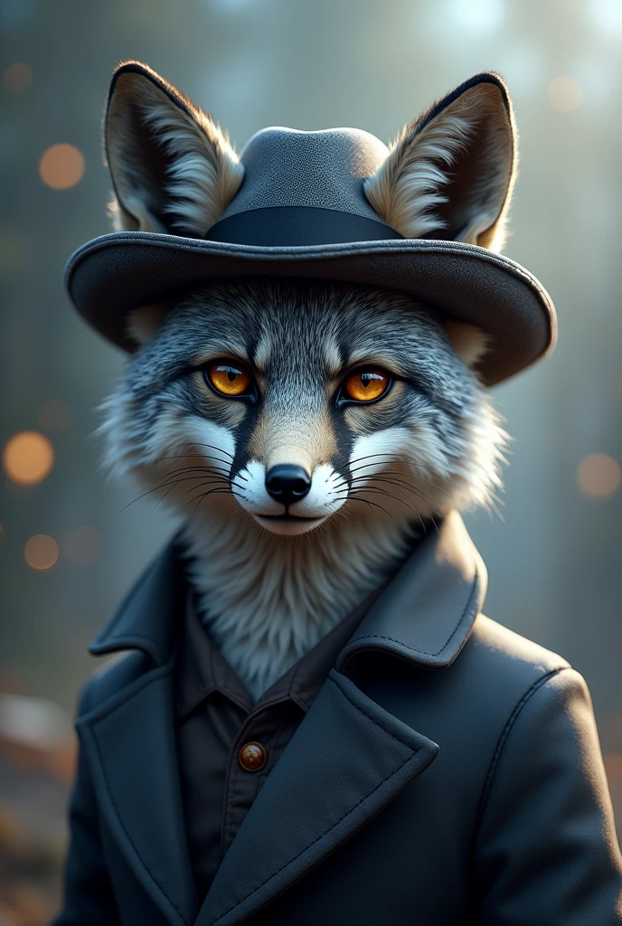 grey fox with NFT style for profile picture, only show body and head. the fox using hat, like a human. make the size ratio 1:1