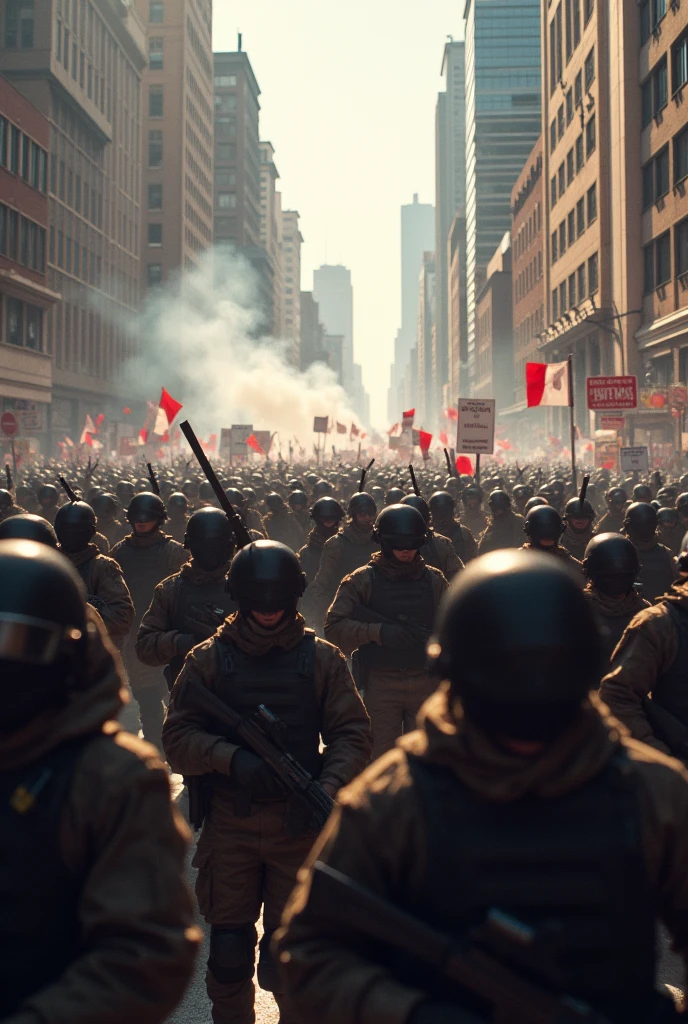 Protest Scene: Civilians clashing with military men in the streets, with placards and tear gas in the air.