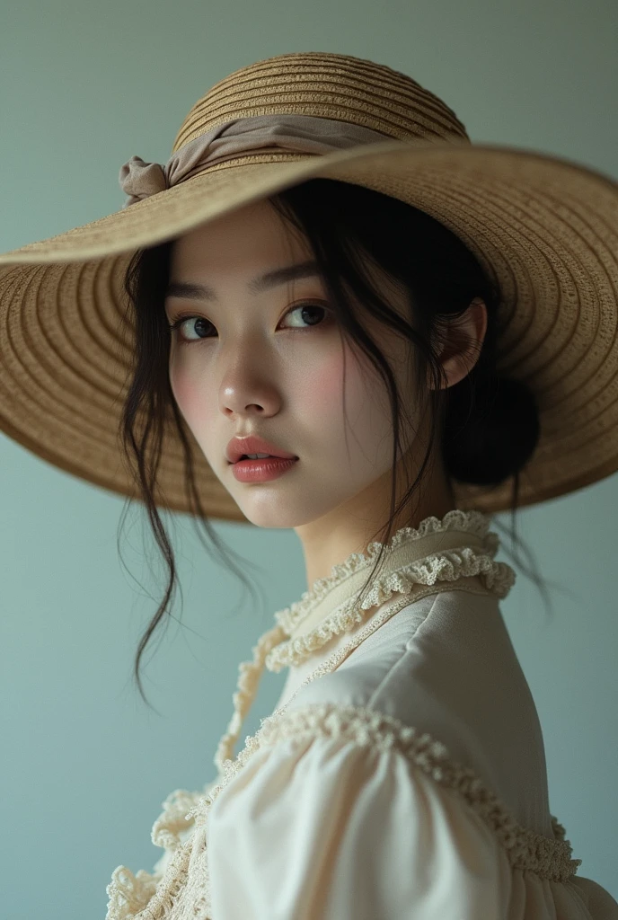 Japanese woman photo with hat covering her face for profile