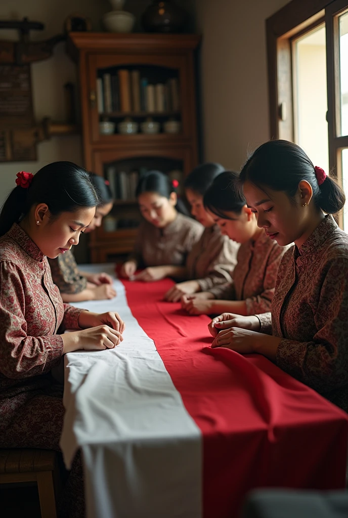 Indonesian women are sewing the red and white flag with a colonial-era appearance