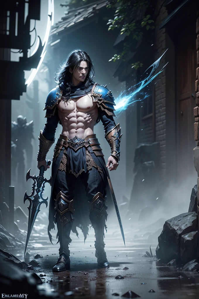 Boys in 8K resolution(full body esbian:1.3)shot、splash art、Great cartoon style、A realistic and young male figure、Anatomically realistic digital painting(to show:1.3)Portrait of a young man(to show:1.3)blue and white complex(Heavily armed:1.3)And white short hair(A dark and moody universe:1.3)、black clothes,light particles、highly detailed skin、Demon Slayer、very detailed eyes、 (Elden Ring Style:1.1)、(warhammer style:1.3)、Concept Artist、World Lighting、depth of field、splash art、Works of art:art manure、Greg Rutkowski(Greg Rutkowsky)、Victoria Gavrilenko,He has a very big sword.