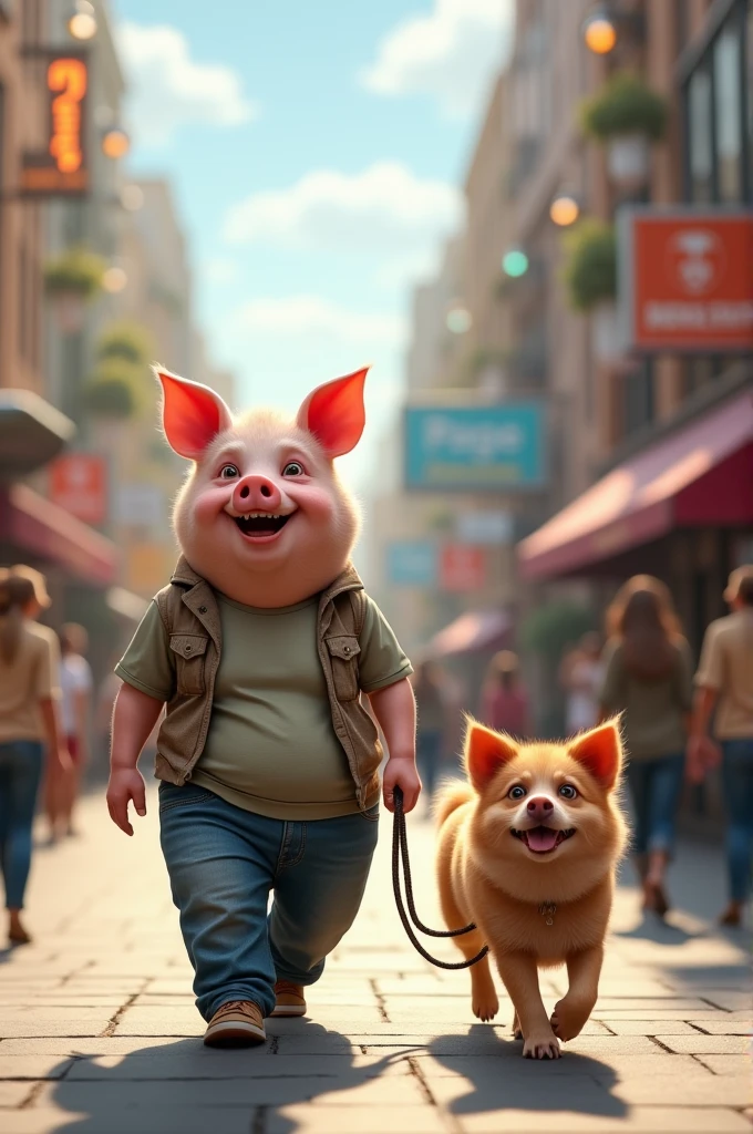 Humanoid pig walking a humanoid dog