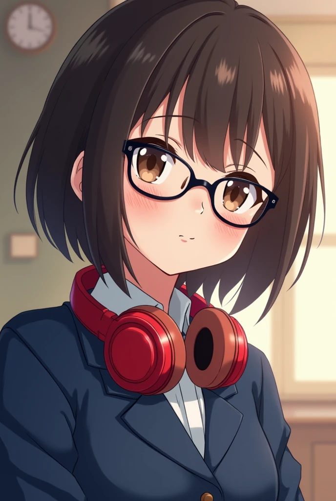 Anime girl with short dark brown hair, with serious brown eyes, black colored glasses, with a blue school uniform and red headphones