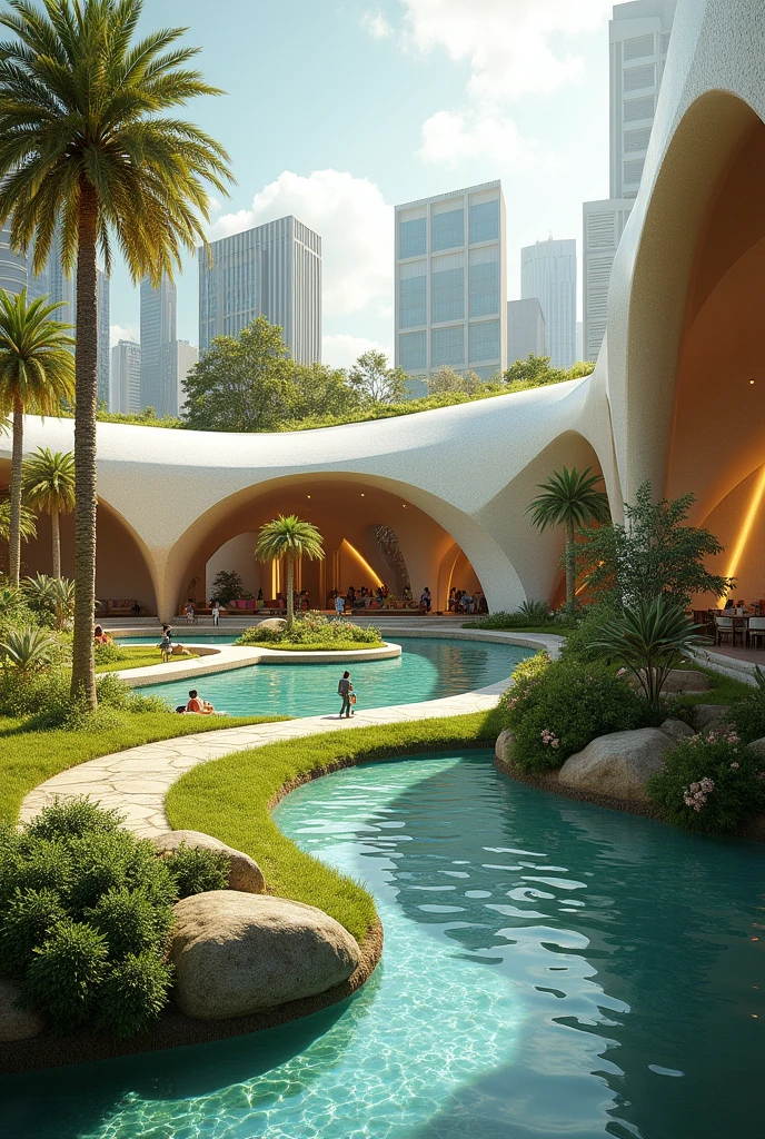 Design a pavilion that merges 90’s architectural style with modern interactive features. It should showcase: 90’s Influence: Bold geometric forms, and innovative materials.
Sunlight Interaction: Optimize sunlight to cast dramatic effects on a central
Green Roof: Accessible green roof with sustainable design, offering panoramic views and seating.
Interactive Waterways: Playful, engaging waterways around the pavilion that invite visitor interaction.
Visitor Experience: Ensure the space is visually striking, accessible, and interactive, with eco-friendly materials and safe, durable design Exterior and interior views of an inclusive pavilion in Mumbai, spanning 500sqm, celebrating diversity and creatively responding to the city's climate challenges, with a unique character for all to enjoy, adaptable to Mumbai's changing climate, providing shelter and fostering community interaction and enjoyment
