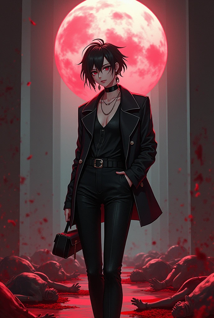 Anime Fashion Trendsetter: Character in stylish, modern clothes, Maybe, with unique accessories and hairstyle go corpses with blood background Bloody