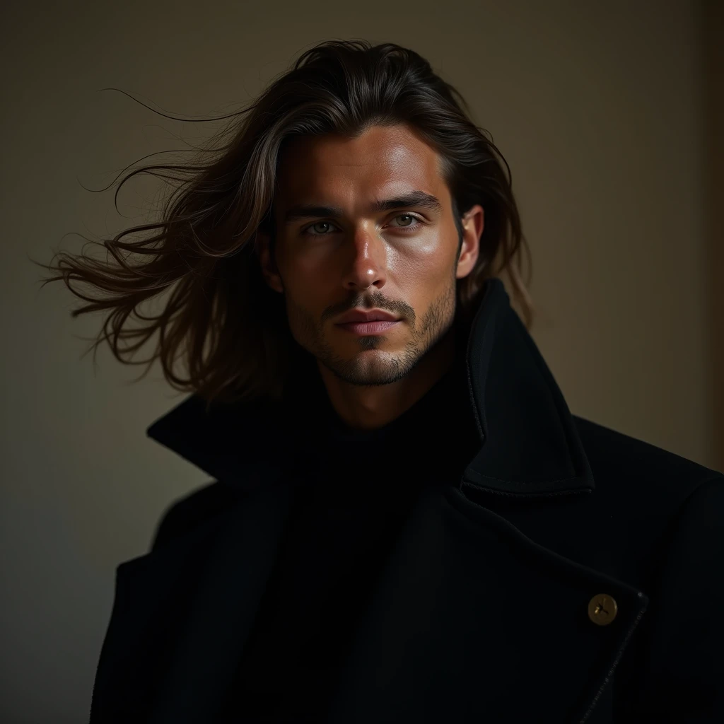 imagine a perfectly attractive 40 year old man. with a hypnotic beauty. a beauty that mixes Nordic with black man with flowing hair on the shoulder with an elegant black outfit in a setting of enchanted atmosphere