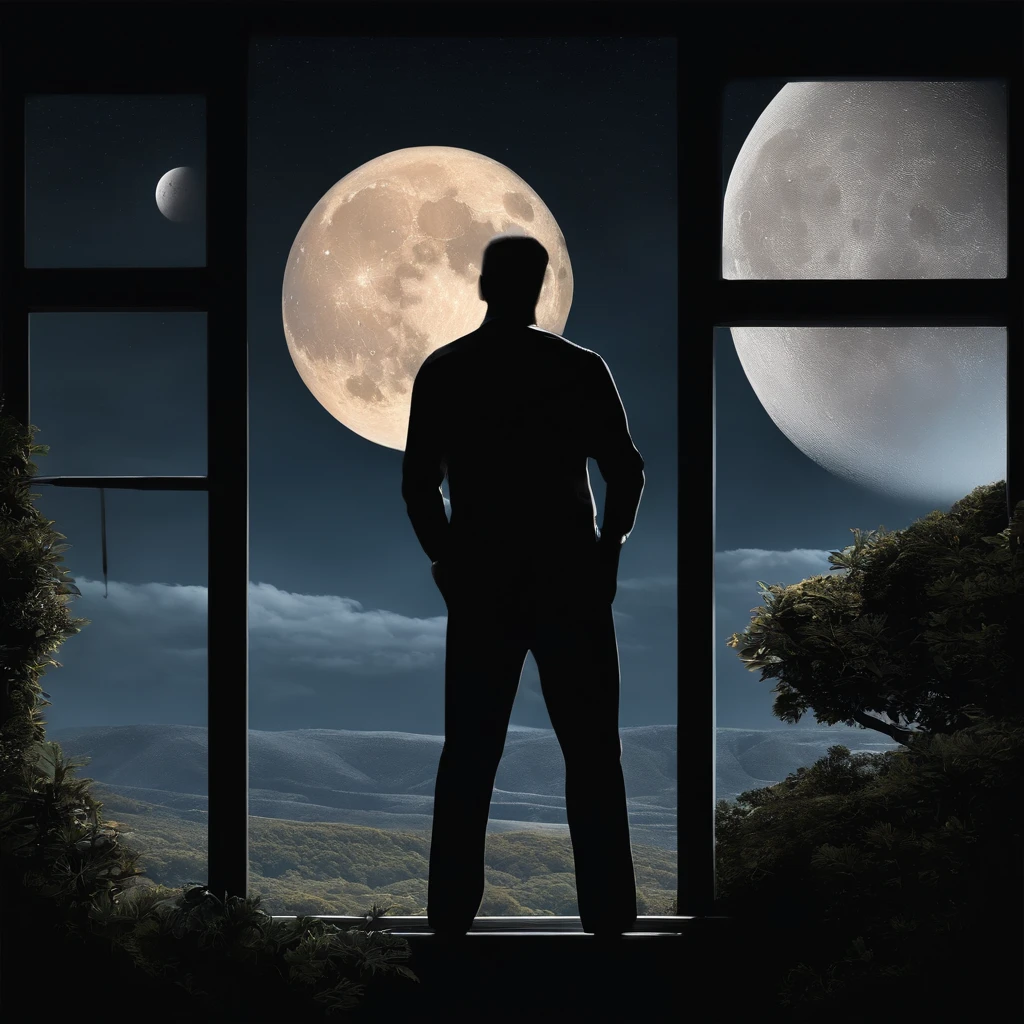 A man wearing a white shirt and black pants looks at the sky through the window at night and finds two moons in the sky far from each other, and there is a moon that is smaller than the other