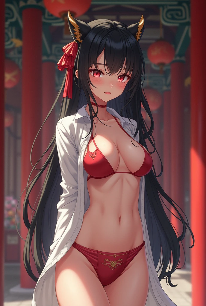 A girl, nezuko kamado, from demon slayer, stands in a Chinese-style building, (masterpiece), best quality, (), expressive eyes, perfect face with and  showing off her , , , no skirts, no , 