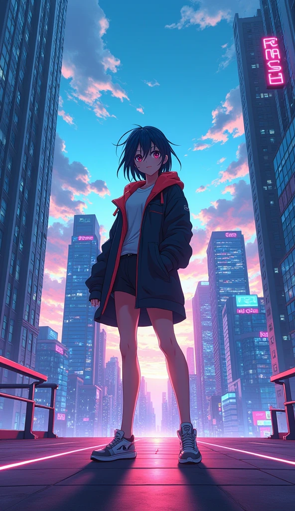 Picture an anime protagonist standing on a neon-lit rooftop in a futuristic city. The sky is filled with dramatic clouds, and vibrant sunlight creates a kaleidoscope of colors, reflecting off the glass skyscrapers and casting dynamic shadows, adding a sense of urgency and excitement.