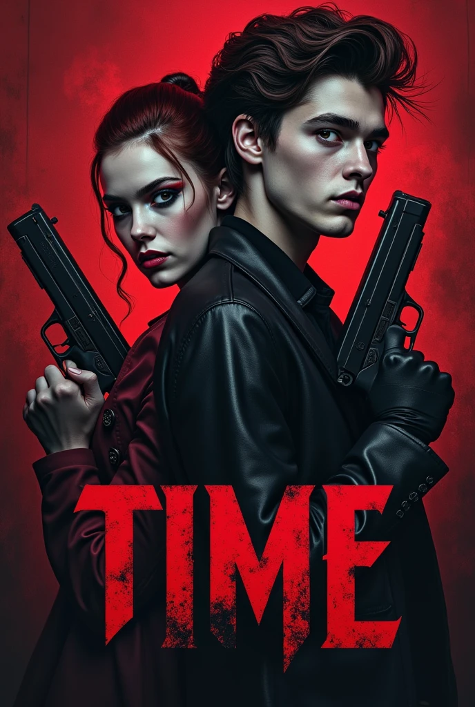 A cover for wattpad,Let it be inspired by a half-shady circus with a guy who looks like Cameron Monaghan and a pretty girl.,that they look like psychopaths and that there is blood,that have weapons,the girl with a bright pink gun,The story is called time, could you put the title with cool red and black letters?,and the cover doesn't say wattpad,that the boy looked like Jerome Valeska and the girl like Harley Queen but pink,who are between 15 and 17 years old,that the boy's gun is black and the boy is red like jerome valeska, that is as similar to him as possible,that the girl wears pink and with a slightly shorter roma,that the boy looks more like jerome valeska season 2
