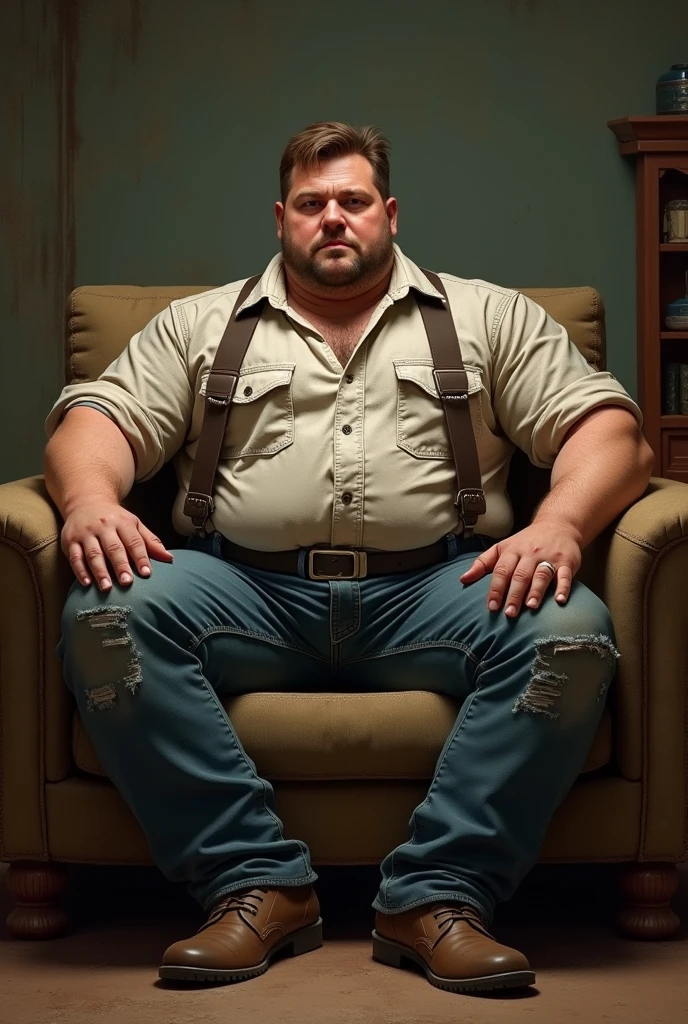 Create a robust but fat man with a bust of 1.30 with slightly torn clothes from 1.90 with short brown hair, approximately 25 years old, sitting on a sofa