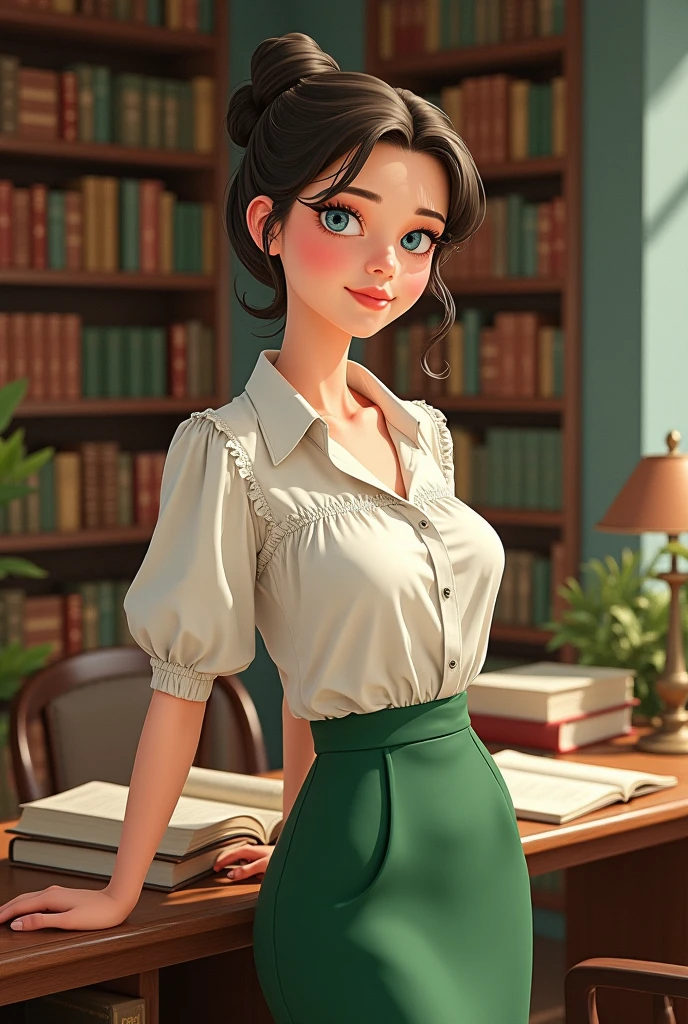 (highly realistic), (global illumination), (ray tracing), ((Gil Elvgren)), (illustrated style), ((highly detailed faces)), (8k resolution), pale blue eyes, (hyper realistic), (photorealistic: 1.4), cute librarian with hair tied in a bun, library, beautiful, green pencil skirt, white ruffled silk blouse