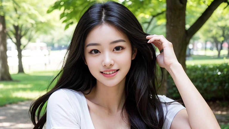highest quality, masterpiece, ultra-high resolution, (realistic:1.4), Raw photo, 23 year old girl, ((leaning forward):1.3), ((from the front)), (white t-shirt:1.2), (Very cute face like the most popular Japanese idol, ((very beautiful big black eyes)), very beautiful hair, (long hair)、very beautiful skin, very beautiful long eyelashes, very beautiful lips, very beautiful cleavage, innocent smile, dynamic pose, Well-balanced body size, onepeace, in the park, smile