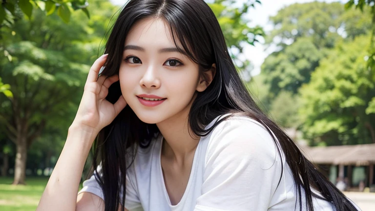 highest quality, masterpiece, ultra-high resolution, (realistic:1.4), Raw photo, 23 year old girl, ((leaning forward):1.3), ((from the front)), (white t-shirt:1.2), (Very cute face like the most popular Japanese idol, ((very beautiful big black eyes)), very beautiful hair, (long hair)、very beautiful skin, very beautiful long eyelashes, very beautiful lips, very beautiful cleavage, innocent smile, dynamic pose, Well-balanced body size, onepeace, in the park, smile