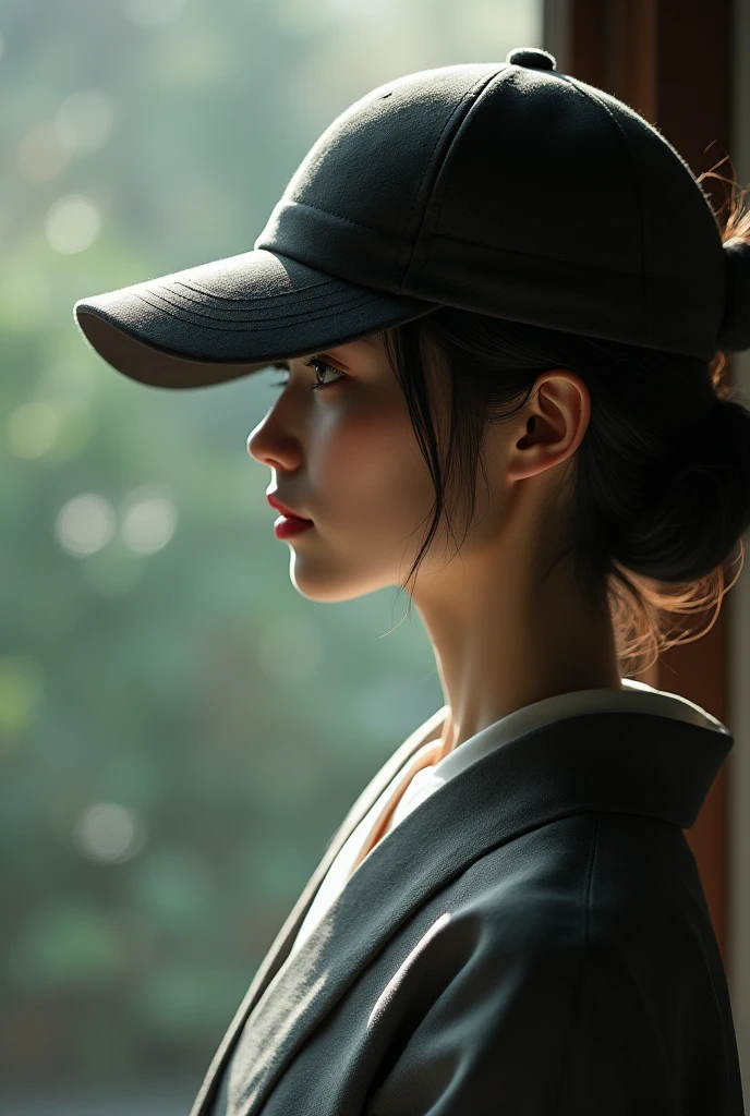 Japanese woman with a cap covering her face in profile