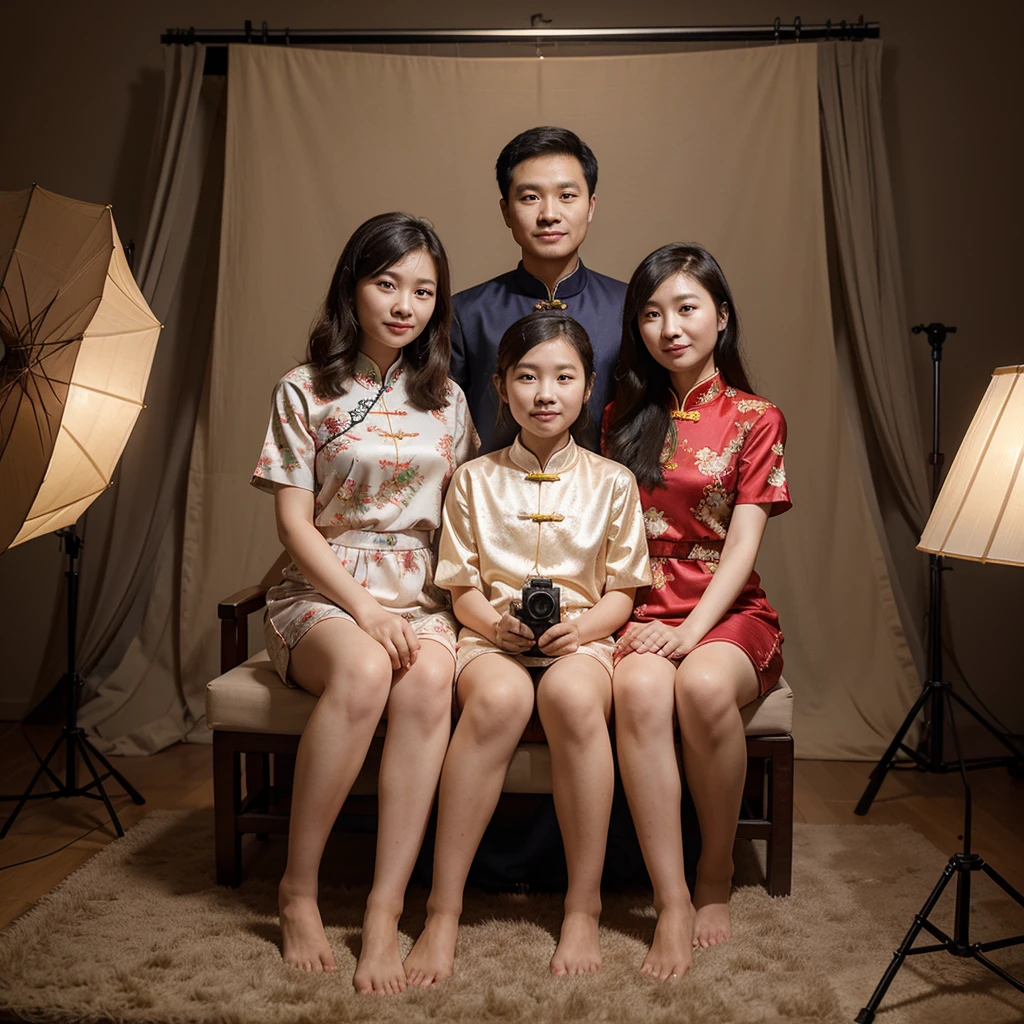 portrait of chinese family taking photo together, with a photo studio atmosphere with an elegant background, wearing matching clothes, number of people eleven