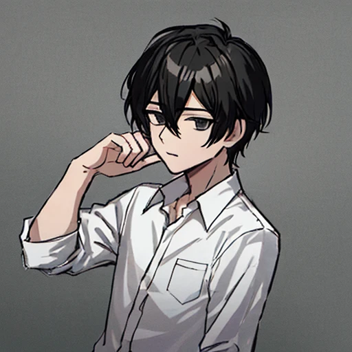 self-harm, best emotions drawing, 1boy, black eyes, dark circle eyes, black hair, hair between eyes, short hair, only white shirt, solo, male focus, anime, simple style, sick.
