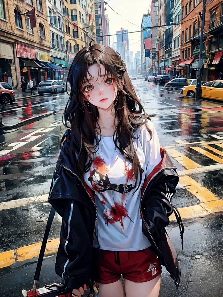 1girl, long hair, torn clothes, holding weapon, ruins, rain, blood, sad, crying, casual, hot pants (sbr),