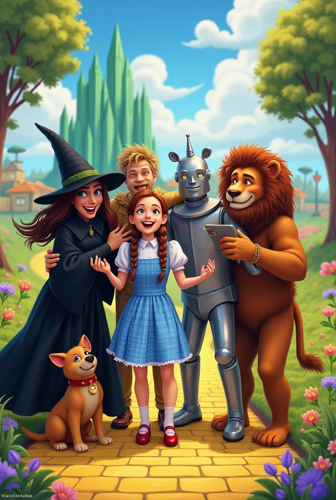 Dorothy, the witch, the scarecrow, The Tin Man and the Cowardly Lion Toto taking a selfie
