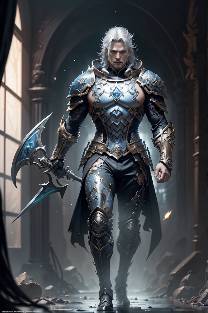 Boys in 8K resolution(full body esbian:1.3)shot、splash art、Great cartoon style、A realistic and young male figure、Anatomically realistic digital painting(to show:1.3)Portrait of a young man(to show:1.3)blue and white complex(Heavily armed:1.3)And white short hair(A dark and moody universe:1.3)、black clothes,light particles、highly detailed skin、Demon Slayer、very detailed eyes、 (Elden Ring Style:1.1)、(warhammer style:1.3)、Concept Artist、World Lighting、depth of field、splash art、Works of art:art manure、Greg Rutkowski(Greg Rutkowsky)、Victoria Gavrilenko,He has a very big sword.