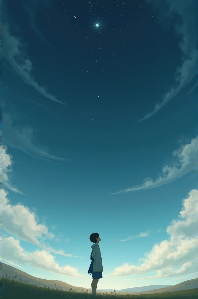 A drawing of a person standing looking at the stars and clouds